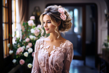 Naklejka premium beautiful woman bride blonde with a bridal hairstyle with flowers in hair on wedding day