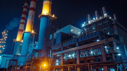 Gas fired power plant and factory building at night. Also called gas fired power station or natural gas power plant. That technology to burn natural gas and generate electricity or electrical energy. - obrazy, fototapety, plakaty