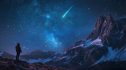 A person standing against a majestic mountain backdrop gazing upon a star-filled sky with a bright comet
