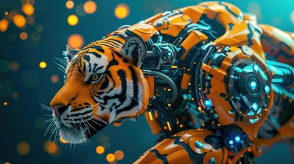 YELLOW TIGER ROBOT WITH MOLECULE DOTS CONCEPT