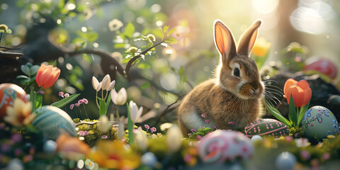 Fototapeta na wymiar A whimsical rabbit amidst spring flora and painted Easter eggs in a magical, sunlit setting.