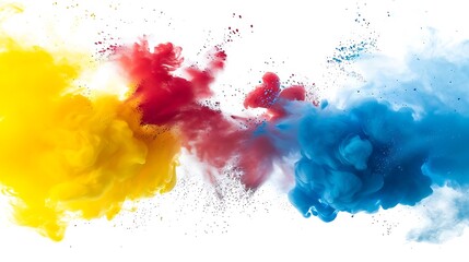 Red yellow blue Colorful Holi powder on white background
