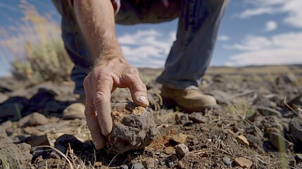 Close-up shot of a rough hand picking a stone from the arid, textured ground under a bright sky
