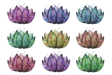 Watercolor set of illustrations. Hand painted lotus flower in purple, blue, green, red, yellow colors. Water lily, nenuphar. Blossoming colorful flowers. Lotos in bloom. Isolated floral clip art - obrazy, fototapety, plakaty
