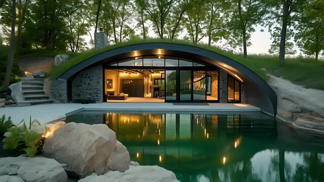 This fully underground home takes advantage of its location near a lake with large windows and an open floor plan that provides stunning views of the water. The earths thermal