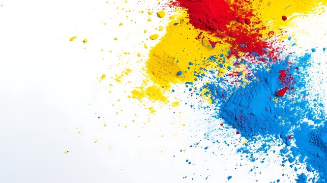 Red yellow blue Colorful Holi powder on white background