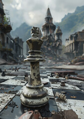 Aged queen chess piece amidst a desolate game landscape, symbolizing lost empires and standing tall.