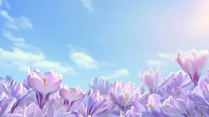 Foto op Canvas Spring's beautiful crocus flowers grow against a blue sunny sky © Alina Zavhorodnii