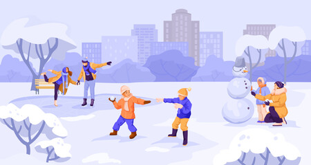 Winter holiday game, funny activity, kid play snowballs, girl make snowman, lovely couple ice skating. Street urban panorama. Recreation in public park. Christmas landscape. Vector illustration