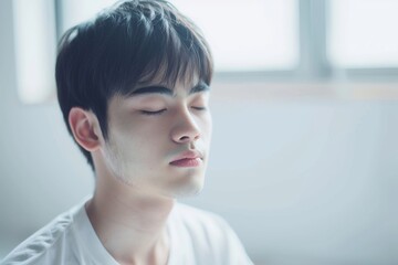 白い部屋の中で瞑想をする若い日本人男性（ストレス解消・ヨガ・精神統一）