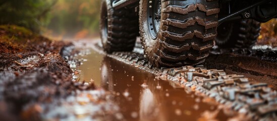 A detailed view of a vehicle covered in thick layers of mud, showcasing a rugged and adventurous off-road journey. The mud splatters emphasize the vehicles durable design and the challenging terrain - obrazy, fototapety, plakaty