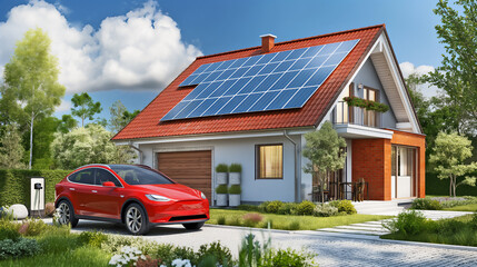 modern house building with solar panels and electric car charging in yard