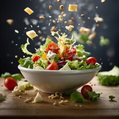 salad flying through the air with cheese and lettuce, Editorial Photography, Photography, Shot on 70mm lens, Depth of Field, Bokeh, DOF, Tilt Blur, Shutter Speed 1/1000, F/22, White Balance, 32k, Supe