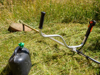 Brush cutter cutting the grass for the first time in spring