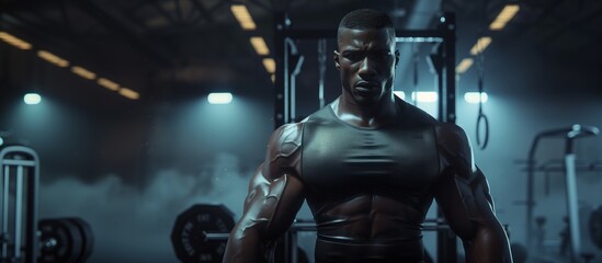 Fototapeta na wymiar Muscular avatar, strong man in black tank top and shorts, arms crossed in dimly lit gym environment, representing virtual reality fitness experience.