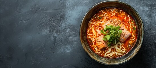Delicious bowl of noodles with savory meat and fresh vegetables, perfect for a flavorful meal - obrazy, fototapety, plakaty