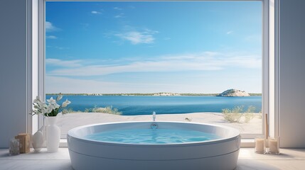 Fototapeta na wymiar Sea view from circle window with bathtub Generative AI