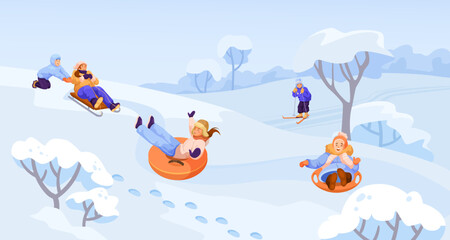 Active funny winter game, snowy season, vacation lifestyle. Smiling happy girl doing snow tubing on hill. Outdoor wintertime activity, cheerful kid sliding. Joyful childhood. Vector illustration