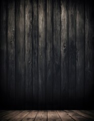A high-resolution image showcasing a dark wooden floor extending to a vertical wooden wall. The rich textures and moody lighting evoke a sense of mystery and elegance. AI Generative