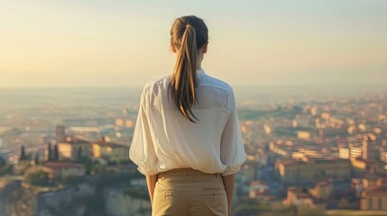 Rear view stylish traveler woman with long hair in a ponytail in a white blouse and beige wide pants with a leather backpack stands on a hill overlooking blurred Italian old town - obrazy, fototapety, plakaty