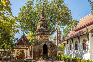 View at the ruins of stupa near Wat of Umong Mahathera Chan in the streets of Chiang Mai town in Thailand - 746440134