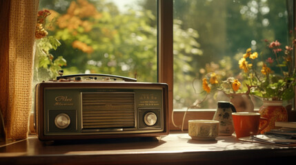 The FM channel is playing music, a stylish retro radio player stands on a wooden table. stylish kitchen in the village, daylight from the window.