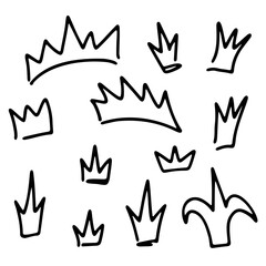 Set of hand drawn crowns on white. Signs for design, simple objects. Line art. Sketch, doodle