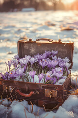 Spring flower crocs growing out of a suitcase in the snow on a sunny winter's day