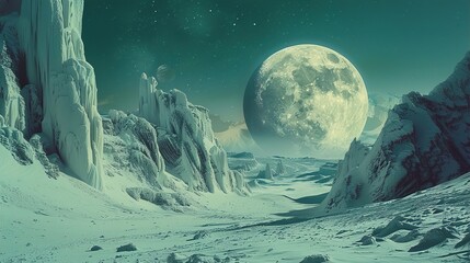 An otherworldly frozen landscape under a giant moon creating a fantasy or sci-fi feel, evoking...