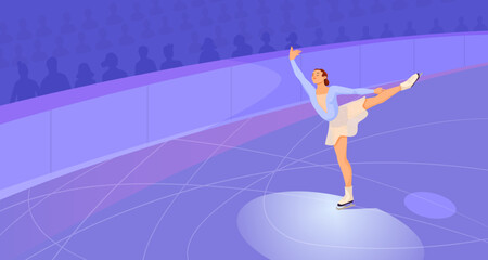 Woman doing figure ice skating at closed rink arena. Winter olympic sport, sportsman ride using skate. Competition and performance concept. Healthy lifestyle. Vector illustration - obrazy, fototapety, plakaty