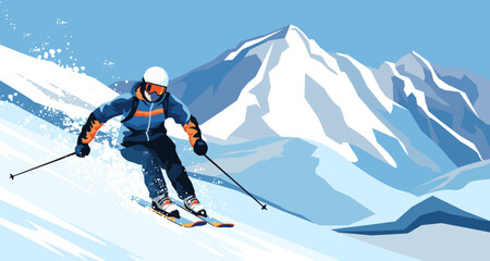 Man wearing warm blue sport suit and goggles skiing downhill. Picturesque landscape view. Snowy mountain in the background. Winter resort ski outdoor activity. Healthy lifestyle. Vector illustration