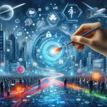 a hand holding a paintbrush in front of a futuristic city, futuristic painting, futuristic digital painting, futuristic digital art, metaverse concept art. 