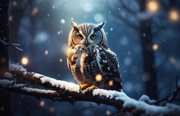 Owl in the dark snow lush forest branch tree in winter