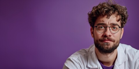 Fototapeta premium Portrait of Caucasian male scientist on purple background with his confident and expertise to experiment in laboratory. Positive working attitude expression with copy space. Generative ai