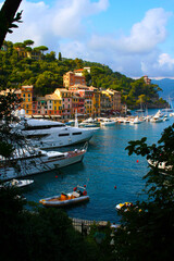 Portofino, Italy. Colorful houses, villas, yachts and luxury boats in the small port of the bay. Liguria, Italy, Europe