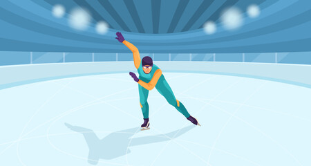Person ice skating at closed rink arena. Winter olympic sport, sportsman ride using skate. Competition and performance concept. Healthy lifestyle. Vector illustration