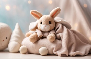 Bunny toy with jersey sweaters and textile in beige pastel colors