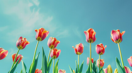 Obraz premium Beautiful spring tulips grow against a blue sunny sky