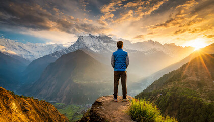 A man standing at sunset admiring the view of a snow covered mountain range - Powered by Adobe