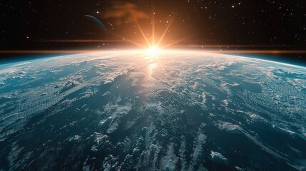 Sunrise over Earth as seen from space, casting a radiant glow over the planet's atmosphere - obrazy, fototapety, plakaty
