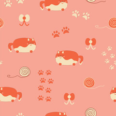 Cute pink seamless pattern with cats, footprints and threads