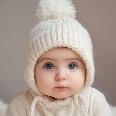 baby wearing white knitted hat looking at camera with blue eyes