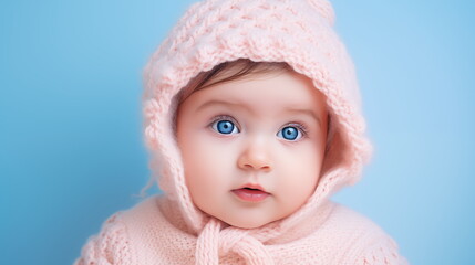 baby wearing pink knitted hat looking at camera with blue eyes