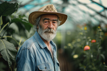 Portrait of a man working in a greenhouse with plants