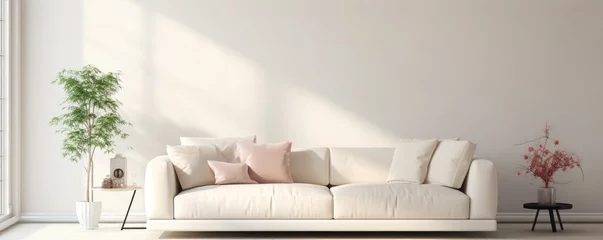 Fotobehang Modern living room interior with bright creamy sofa, white wall background © Filip