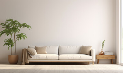 Modern living room interior with bright creamy sofa, white wall background
