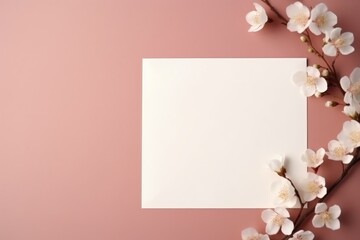 Mockup of a wedding invitation card surrounded by delicate cherry blossoms on a pink background. Elegant Wedding Invitation Mockup with Cherry Blossoms