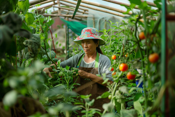 The girl working in the greenhouse with the plants.