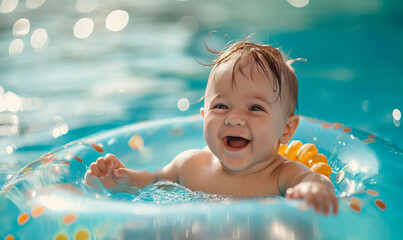 Fototapeta na wymiar Happy Baby with Floatation Ring Enjoying Pool Time
