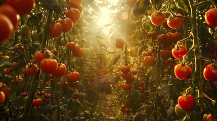 Oversized tomato garden, plants stretching, branches heavy with luminous red tomatoes. Under the brilliant summer sun, the scale contrast highlights the garden's exaggerated productivity.